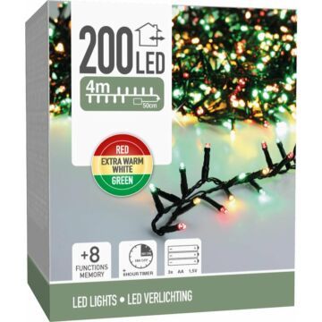 Micro Cluster 200 led - 4m - three tone traditional - Batterij - Lichtfuncties - Geheugen - Timer (DSS-79551.7)