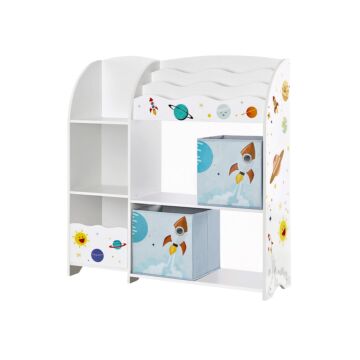 Hoppa! Songmicskinderkamerplank, speelgoed organizer, boekenkast voor kinderen, multifunctionele plank met 2 opbergboxen, stickers met ruimtemotieven, kinderkamer, slaapkamer, witte