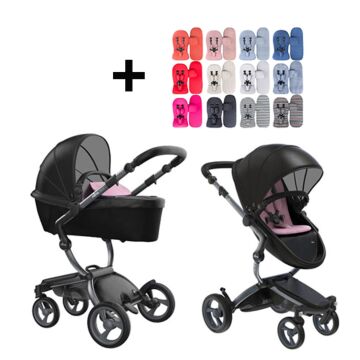 Mima Xari Kinderwagen | Frame - Graphite Grey | Zitting + Kap - Black | Starter Pack - Pixel Pink - Babyhuys.com