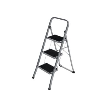 Hoppa! Songmics 3-treden ladder, vouwladder, sportbreedte 20 cm, antislip rubber, met handvat, draagvermogen 150 kg, staal, grijs en zwart 