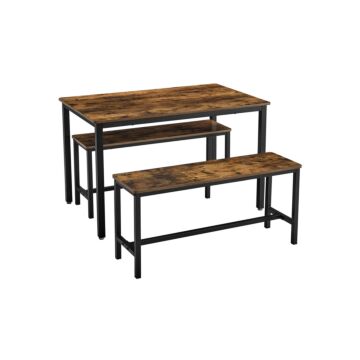 VASAGLE Eettafel, keukentafel set, 110 x 70 x 75 cm, met 2 banken elk 97 x 30 x 50 cm, metalen frame, voor keuken, woonkamer, eetkamer, industrieel ontwerp, vintage bruin-zwart KDT070B01