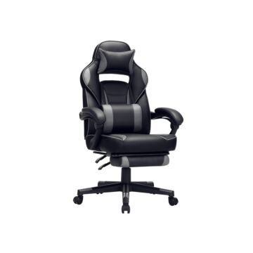Hoppa! Songmics Gaming chair, bureaustoel met voetsteun, bureaustoel met hoofdsteun en lendenkussen, in hoogte verstelbaar, ergonomisch, 90-135 kantelhoek, tot 150 kg draagvermogen, zwart-grijs