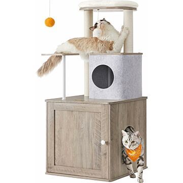 Hoppa! Songmics Krabpaal met kattenbakkast, 2-in-1 moderne kattenboom, 118 cm hoog, 2 krabzuilen, knuffelhol, wasbare kussens, Greige