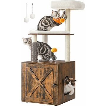Hoppa! Songmics Kattenboom met kattenbak, 2-in-1 moderne kattentoren, 50 inch kattenappartement met zelfverzorger, krabpalen, baars, wasbare kussens, rustiek bruin