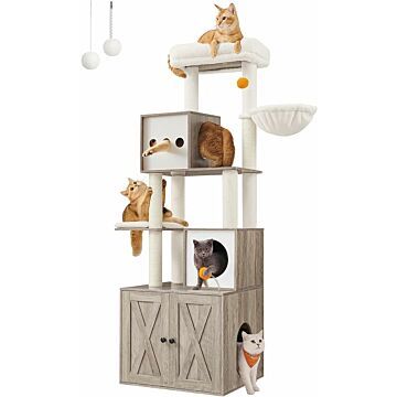 Hoppa! Songmics Krabpaal  kattenboom met kattenbak  185 cm hoog  krabpaal  platform  wasbaar kussen  Greige