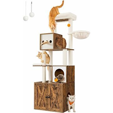 Hoppa! Songmics Krabpaal  Kattenboom met Kattenbak  185 cm hoog  Kattenkrabpaal  platform  afwasbaar kussen  vintage bruin