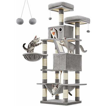 Hoppa! Songmics Krabpaal, 168 cm hoge krabpaal met 13 krabpalen, 1 krabhelling, 2 platforms, 2 grotten, mand, hangmat, pompons, kattenkrabpaal met meerdere niveaus voor grote katten