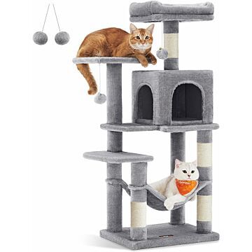 Hoppa! Songmics krabpaal  112 cm hoog  kattenboom  kattenhuis met meerdere verdiepingen  met 4 krabpalen  2 platforms  hangmat  grot  rookgrijs