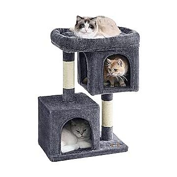 Hoppa! Songmics Krabpaal  74 cm kattenboom  M  kattenhuis voor middelgrote katten tot 5 kg  groot platform  2 kattenholletjes  sisalstammen  rookgrijs