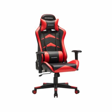 Hoppa! Songmics Gamingstoel, bureaustoel, ergonomische bureaustoel, verstelbare armleuningen, 90-135 kantelhoek, schommelfunctie, belastbaar tot 150 kg, stalen frame, zwart-rood