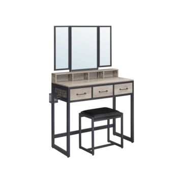 Hoppa! Songmics kaptafel met 3-delige klapspiegel, Haardroger Houder, make up tafel met gestoffeerde kruk, 3 lades, greige-zwart