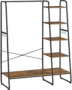 Hoppa! Songmics Kleiderständer, Garderobenständer, 5 Ebenen, 45 x 120 x 160 cm, Kleiderschrank mit Schuhablage, Kleiderstange, offener Kleiderschrank, 6 Haken, Industriedesign, Vintage Braun-Schwarz