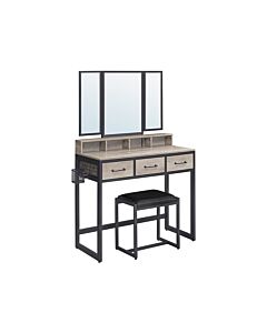 Hoppa! Songmics kaptafel met 3-delige klapspiegel, Haardroger Houder, make up tafel met gestoffeerde kruk, 3 lades, greige-zwart