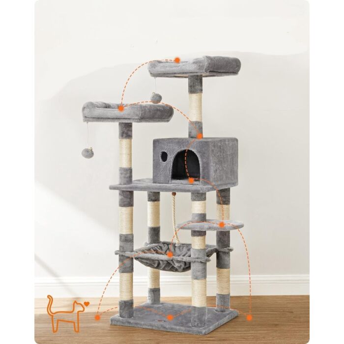 Hoppa! | Kattenboom – krabpaal, dik bekleed, lichtgrijs, sisal/fluweel – 56 x 46 x 144 cm (L x B x H)