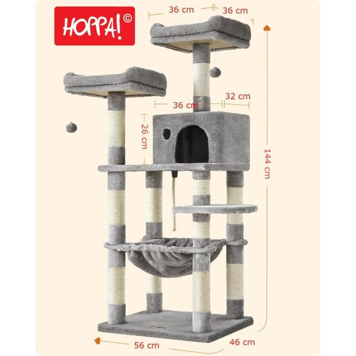 Hoppa! | Kattenboom – krabpaal, dik bekleed, lichtgrijs, sisal/fluweel – 56 x 46 x 144 cm (L x B x H)