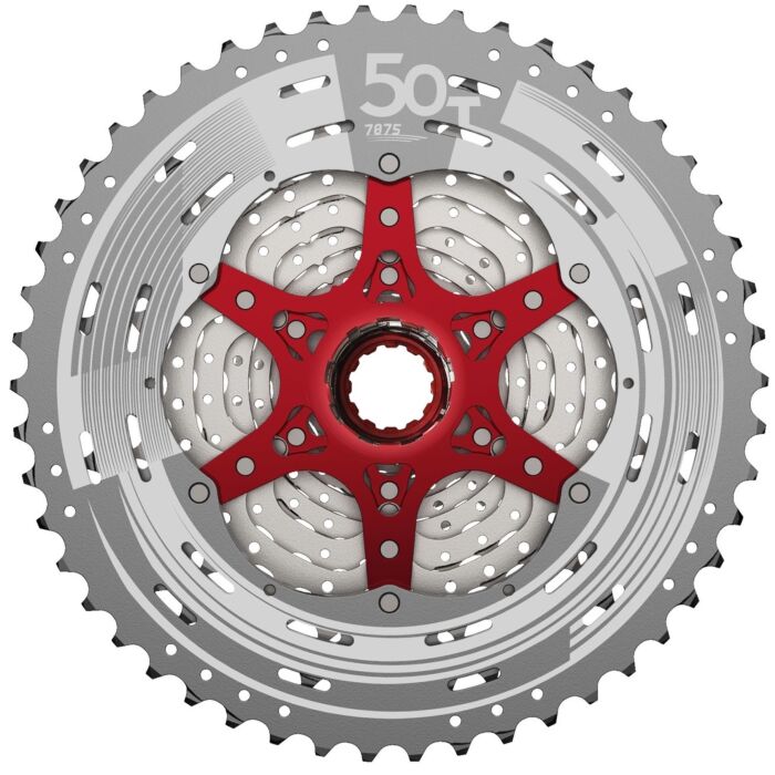 Sunrace cassette, 12-speed, 11-50T, zilver met rode spider