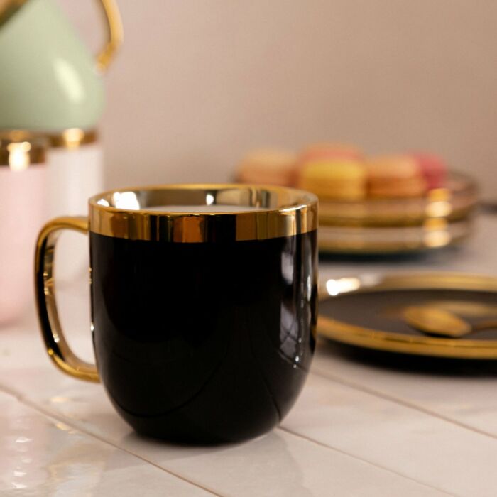 HOMLA Sensorische Beker met Gouden Decoratie – Porseleinen Thee- en Koffiemok 0,28 L, Zwart/Goud