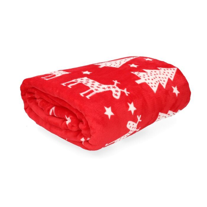 HOMLA | Stangdeken | Kerstmotief - Rode kleur - Rendiermotief - Polyester 150 x 200 cm