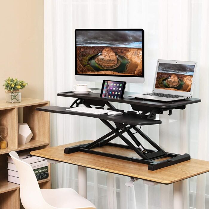 Hoppa! | Zit-sta bureau met toetsenbordblad | Zwart – Metaal/MDF – 95 x 40,6 x 39,5 cm