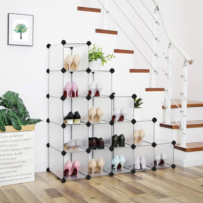 Hoppa! Schoenenkast met 16 vakken – wit – kunststof/metaal – 113 x 36 x 113 cm