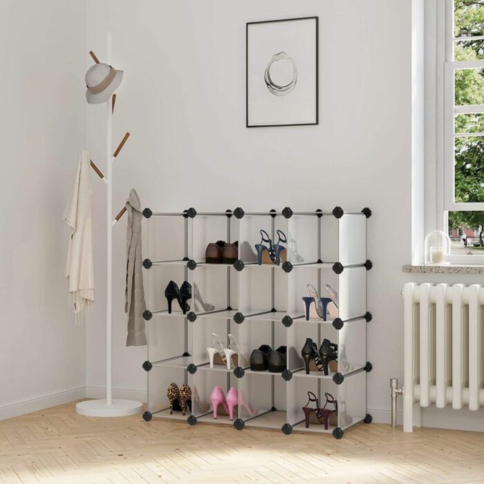 Hoppa! Schoenenkast met 16 vakken – wit – kunststof/metaal – 113 x 36 x 113 cm