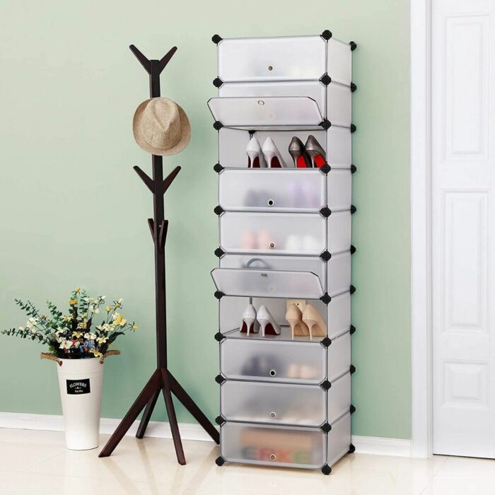 Hoppa! DIY-schoenenrek | 10 niveaus | halftransparant wit | kunststof | 48 x 36 x 173 cm (B x D x H)