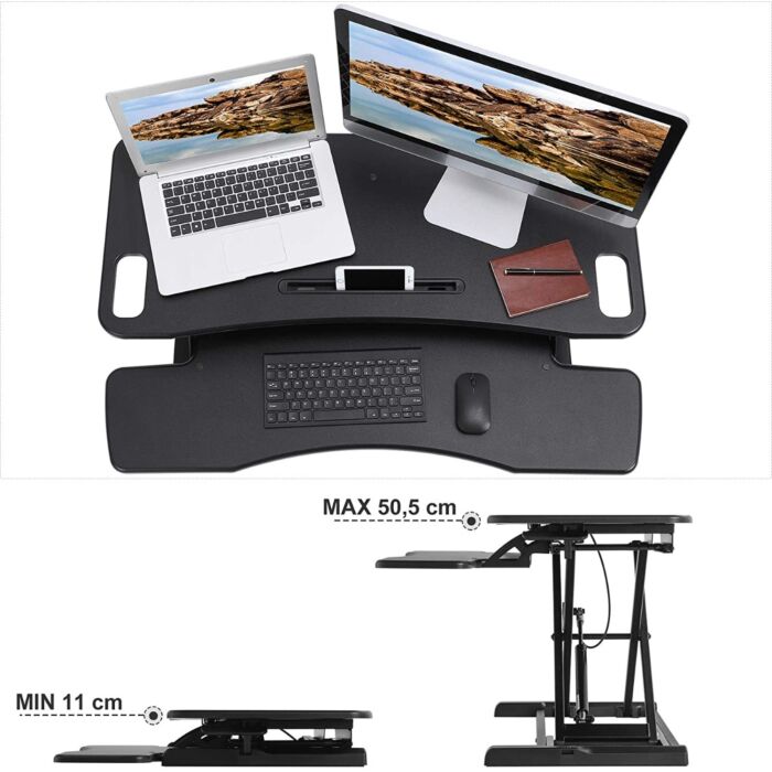 Hoppa! | Zit-sta bureau met toetsenbordblad | Zwart – Metaal/MDF – 95 x 40,6 x 39,5 cm