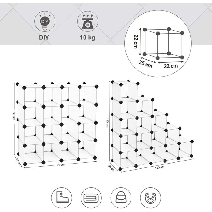 Hoppa! Schoenenkast met 16 vakken – wit – kunststof/metaal – 113 x 36 x 113 cm