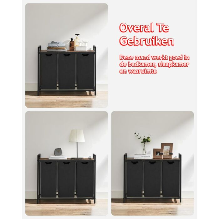 Hoppa! Wasmand | 3 Vakken | Vintage Bruin-Zwart | Inclusief Uitschuifbare Waszakken