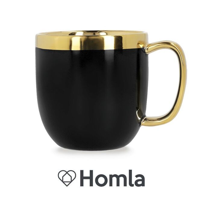 HOMLA Sensorische Beker met Gouden Decoratie – Porseleinen Thee- en Koffiemok 0,28 L, Zwart/Goud