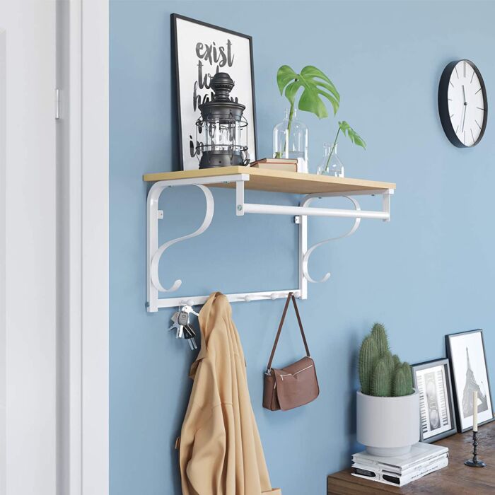 VASAGLE | Wandkapstok | Eiken + Wit | Modern Ontwerp met 5 Haken