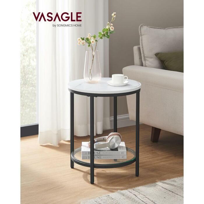 Hoppa! Bijzettafel – 2-lagen houtspaanplaat & gehard glas – modern wit marmereffect – zwart frame