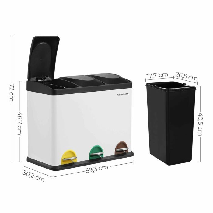 Hoppa! | Afvalbak voor de keuken | 45 liter | Roestvrij Staal – 3 x 15 liter | Wit-Zwart