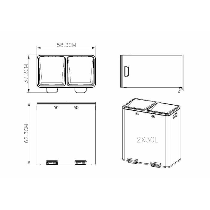 Hoppa! | Afvalbak | 60L | Zwart | RVS