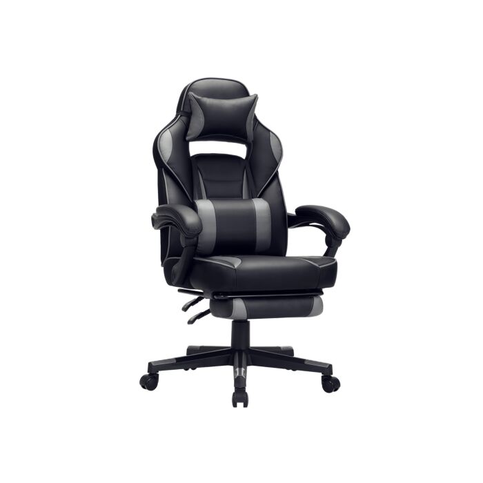 Nationaal koel Merchandising Hoppa! Songmics Gaming chair, bureaustoel met voetsteun, bureaustoel met  hoofdsteun en lendenkussen, in hoogte verstelbaar, ergonomisch, 90-135  kantelhoek, tot 150 kg draagvermogen, zwart-grijs