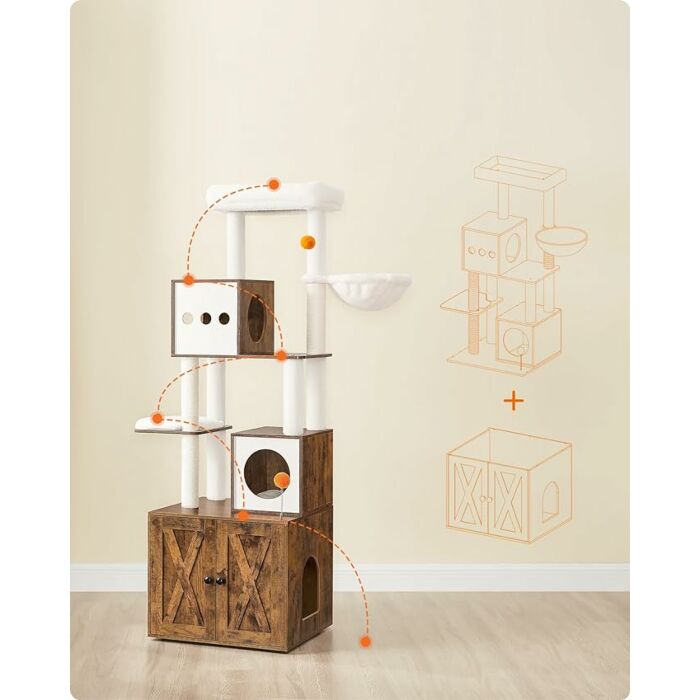 Hoppa! | Krabpaal | Kattenkrabpaal met Kattenbak | Vintage Bruin | 68 x 60 x 24,5 cm