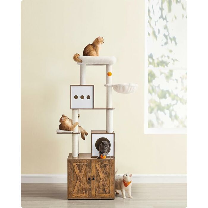 Hoppa! | Krabpaal | Kattenkrabpaal met Kattenbak | Vintage Bruin | 68 x 60 x 24,5 cm