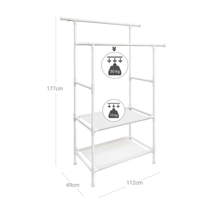 Hoppa! kledingrek | Metaal | 2 Kledingroedes | 2 Planken | Belastbaar tot 70 kg | Eenvoudige montage | Wit
