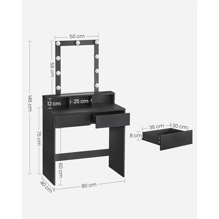 Kaptafel make up tafel met spiegel en gloeilampen | 80 x 40 x 145 cm | Zwart