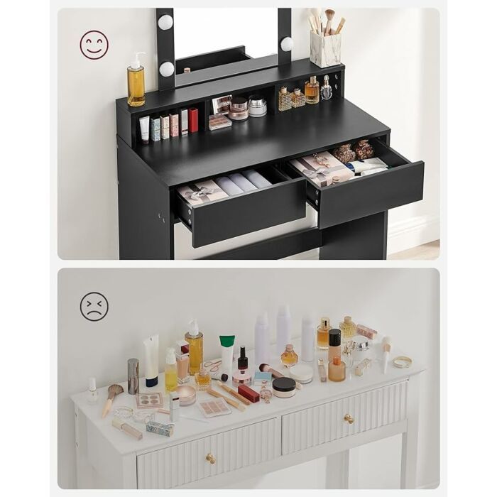 Kaptafel make up tafel met spiegel en gloeilampen | 80 x 40 x 145 cm | Zwart