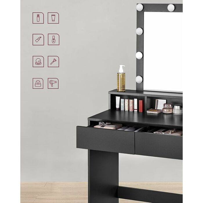 Kaptafel make up tafel met spiegel en gloeilampen | 80 x 40 x 145 cm | Zwart