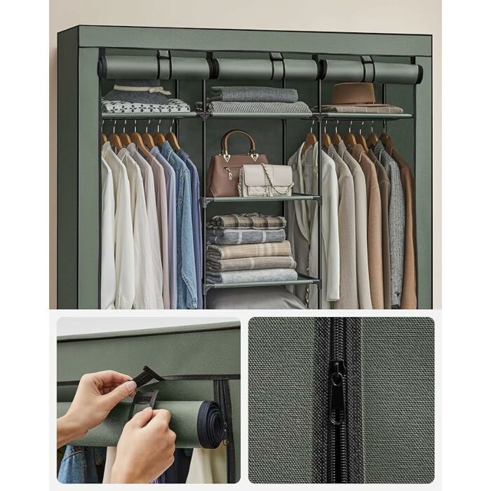 Hoppa! Kledingkast | Opvouwbare Kast met Rails | Kleerhanger | Opbergzakken Schoenen | 45x150x175cm (BxDxH) | Saliegroen
