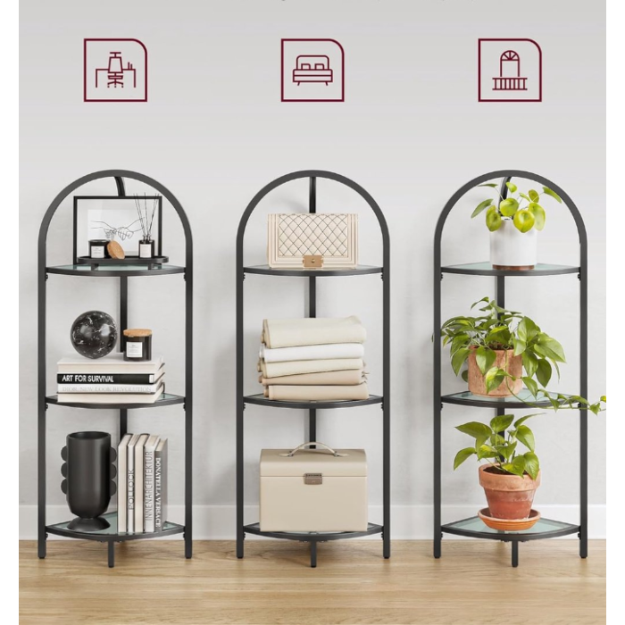 Hoppa! | Hoekplankstandaard | 3-laags Gehard Glazen Plank | Toiletpapierstandaard | Plantenstandaard | Modern Zwart LGT811B61