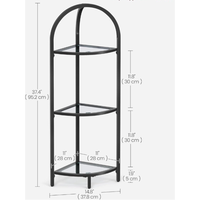 Hoppa! | Hoekplankstandaard | 3-laags Gehard Glazen Plank | Toiletpapierstandaard | Plantenstandaard | Modern Zwart LGT811B61