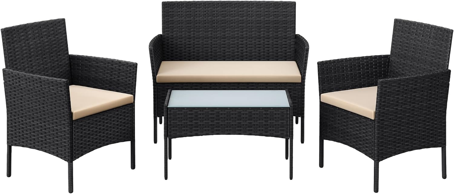 Hoppa! Polyrattan PE Tuinset - Zwart/Topo - Inclusief 2 Stoelen, 1 Tweezitsbank en Bijzettafel