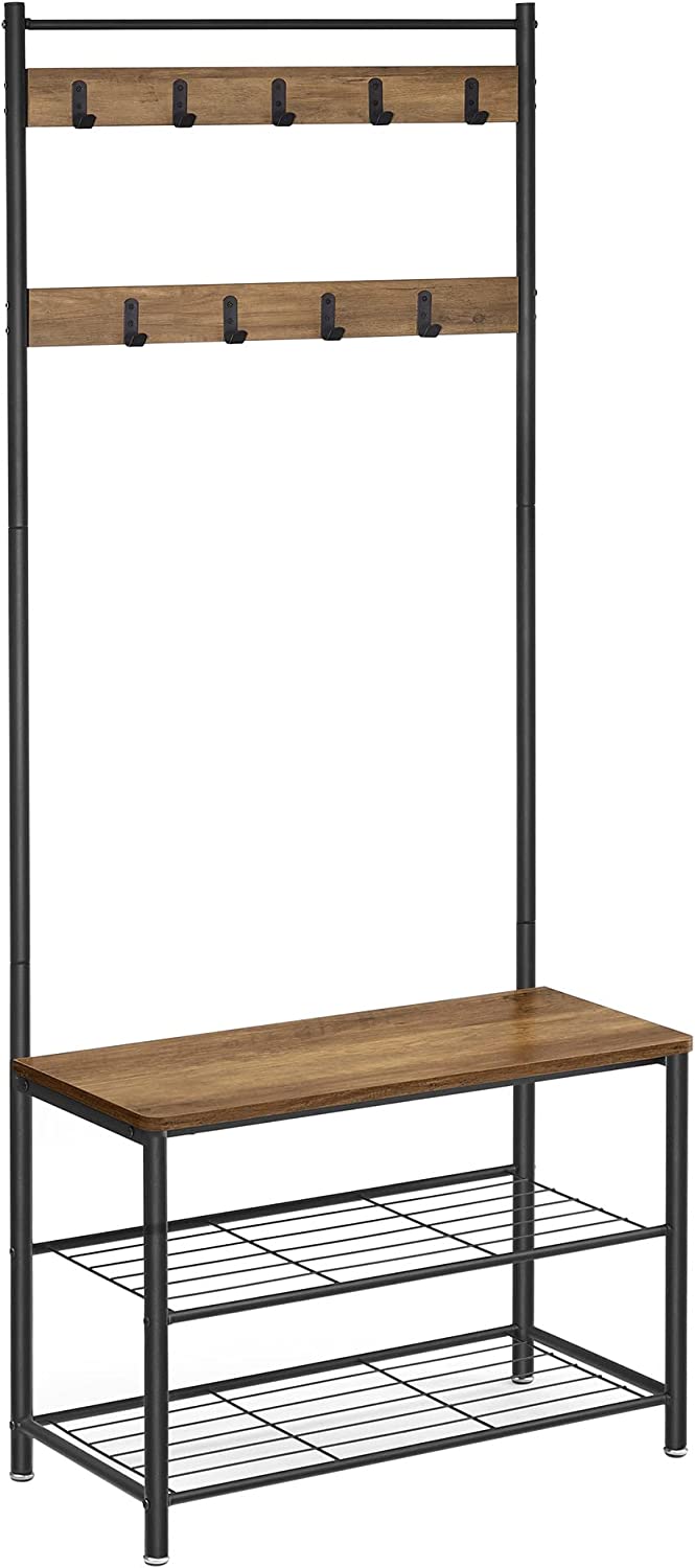 Vintage bruin-zwart kapstok met 9 haken en schoenenrek (2 niveaus) – 70×32×175 cm (BxDxH)