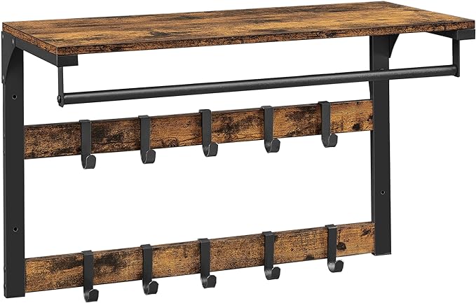 Hoppa! | Wandgarderobe met Plank | Afneembare Haken | Hangrek | Wandmontage | Vintage Bruin-Zwart
